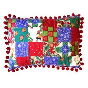 Vintage Handmade Peanuts Charlie Brown Christmas Patchwork Pillow 12x16 Pom Pom